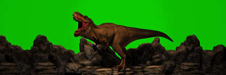 Dinosaurs on rock mountain at sunset. 3d renderingの写真素材