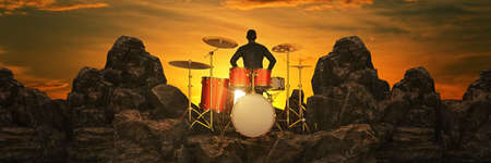 Battery kit in a mountain at sunset. 3d renderingの写真素材