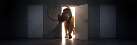 Mammoth walks into an open door. 3d renderingの写真素材
