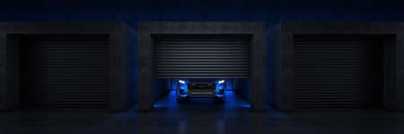 Sports car in garage with open roller door .. 3d Rendering