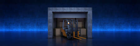 Forklift truck in warehouse or storage loading cardboard boxes. 3d rendering