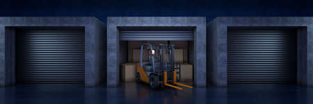 Forklift truck in warehouse or storage loading cardboard boxes. 3d rendering