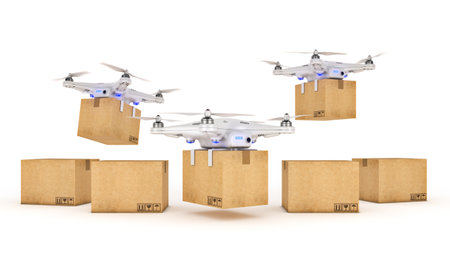 Drone delivering a package. 3d renderingの写真素材