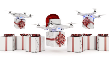 Drone with the gift, delivery concept. 3d renderingの写真素材