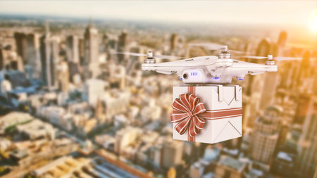 Drone with the gift, delivery concept. 3d renderingの写真素材