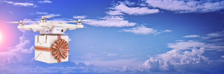 Drone with the gift, delivery concept. 3d renderingの写真素材
