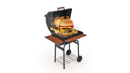 hamburgers cooking on grill with flames. 3d renderingの写真素材
