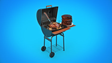 hamburgers cooking on grill with flames. 3d renderingの写真素材