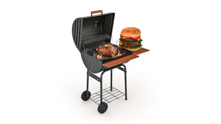 hamburgers cooking on grill with flames. 3d renderingの写真素材
