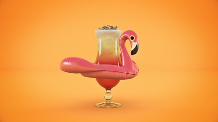 Fresh cocktail on inflatable pink flamingo toy Vacation concept. 3d renderingの写真素材