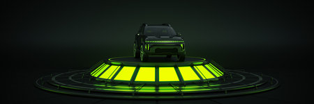 Futuristic Sci Fi Modern Empty Big Hall Dark, Alien Garage Sci Fi. Sports car studio setup. 3d renderingの写真素材