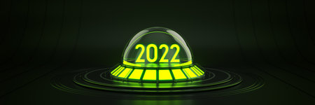 Futuristic Sci Fi Modern Empty Big Hall Dark, Alien Garage Sci Fi. Light 2022 letter sign, New Year 2022 3d rendering.の写真素材