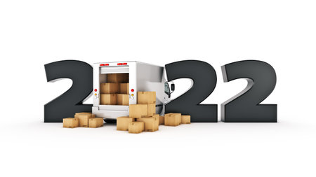 delivery truck concept 2022 New Year sign. 3d rendering. 3d renderingの写真素材
