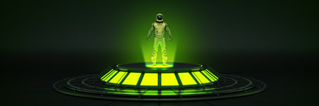 Futuristic Sci Fi Modern Empty Big Hall Dark, Alien Garage Sci Fi. Astronaut spacesuit. 3d renderingの写真素材