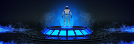 Futuristic Sci Fi Modern Empty Big Hall Dark, Alien Garage Sci Fi. Astronaut spacesuit. 3d renderingの写真素材
