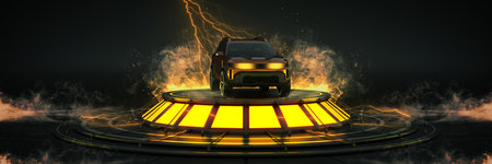Futuristic Sci Fi Modern Empty Big Hall Dark, Alien Garage Sci Fi. Sports car studio setup. 3d renderingの写真素材