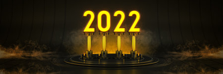Futuristic Sci Fi Modern Empty Big Hall Dark, Alien Garage Sci Fi. Light 2022 letter sign, New Year 2022 3d rendering.の写真素材