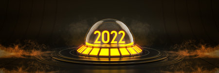 Futuristic Sci Fi Modern Empty Big Hall Dark, Alien Garage Sci Fi. Light 2022 letter sign, New Year 2022 3d rendering.の写真素材