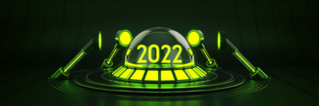 Futuristic Sci Fi Modern Empty Big Hall Dark, Alien Garage Sci Fi. Light 2022 letter sign, New Year 2022 3d rendering.の写真素材