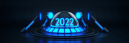 Futuristic Sci Fi Modern Empty Big Hall Dark, Alien Garage Sci Fi. Light 2022 letter sign, New Year 2022 3d rendering.の写真素材