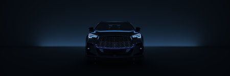 Sports car studio setup on a dark background. 3d renderingの写真素材