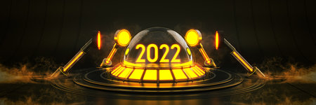 Futuristic Sci Fi Modern Empty Big Hall Dark, Alien Garage Sci Fi. Light 2022 letter sign, New Year 2022 3d rendering.の写真素材