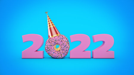Donut with party hat concept 2022 New Year sign. 3d renderingの写真素材