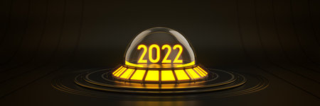Futuristic Sci Fi Modern Empty Big Hall Dark, Alien Garage Sci Fi. Light 2022 letter sign, New Year 2022 3d rendering.の写真素材