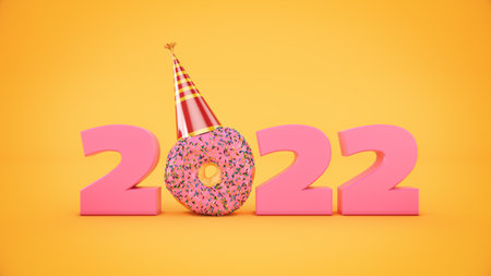 Donut with party hat concept 2022 New Year sign. 3d renderingの写真素材