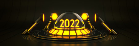 Futuristic Sci Fi Modern Empty Big Hall Dark, Alien Garage Sci Fi. Light 2022 letter sign, New Year 2022 3d rendering.の写真素材