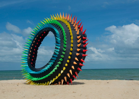 Big kites on the sandy beach by the outdoor sea