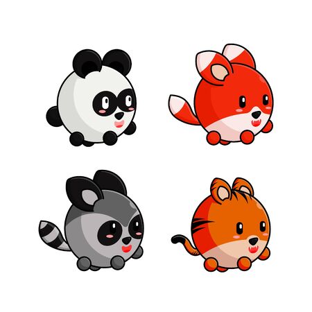 set of wild animal illustrations, cartoon fox, panda, tiger, raccoonのイラスト素材