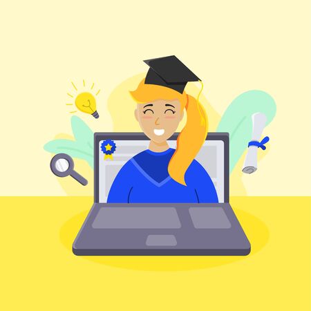 illustration happy female student in virtual graduationのイラスト素材