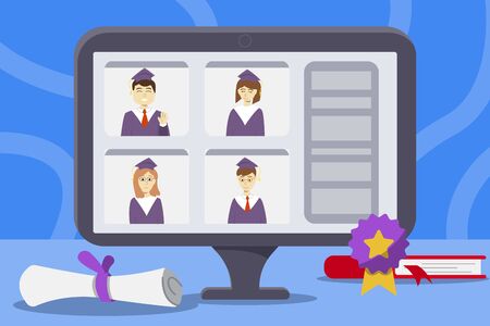 graduation online with 4 students with honorのイラスト素材