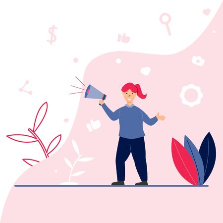 people holding a megaphone - vector promotion with flat style - illustration for landing pageのイラスト素材
