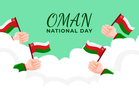 banner website greting oman national ay with hand holding flag in skyのイラスト素材