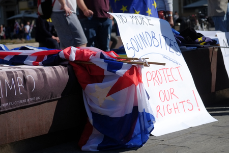 Florence, Italy - Sept 22, 2017 - People protesting against Theresa May decision to quit Europe on...