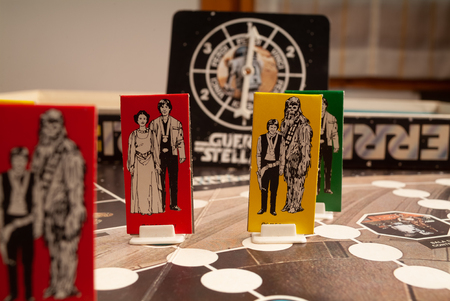 1980s Star Wars table game box with some saga heros and weapons. Italian edition. kitchen wood table inside a private apartment. Italy Europeのeditorial素材