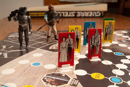 1980s Star Wars table game box with some saga heros and weapons. Italian edition. kitchen wood table inside a private apartment. Italy Europeのeditorial素材