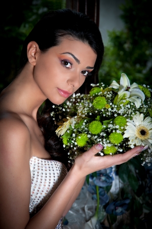 just one young girl just married, with wedding dress の写真素材