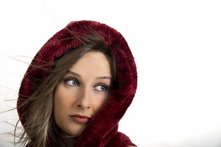 young caucasian girl isolated on grey backgroundの写真素材