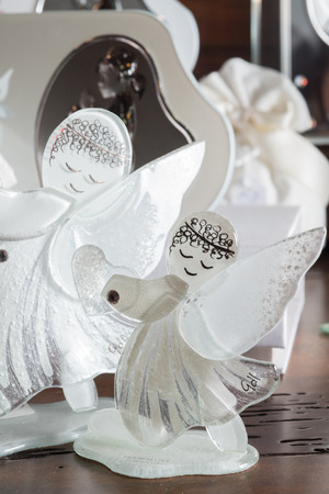 Favors on a table outdoor with boxes for wedding event selective focusの写真素材