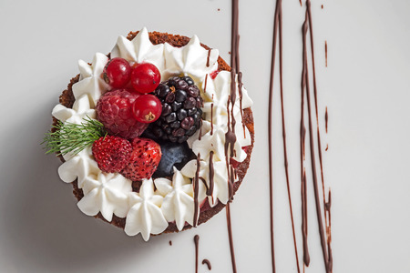 chocolate cake with fruits and creamの写真素材