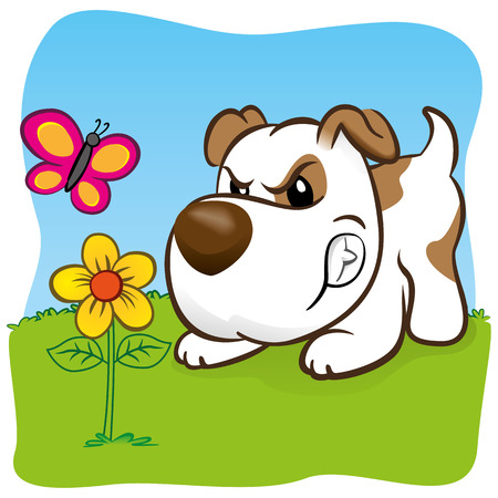 Illustration representing a pet dog barking angry for a butterfly on flower. ideal for training materials, catalogs and institutional veterinarianのイラスト素材