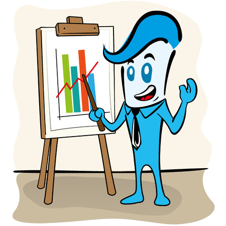 Illustration of a character in the executive the office presenting charts and graphs on the flipchart, ideal for field training, internal and institutionalのイラスト素材