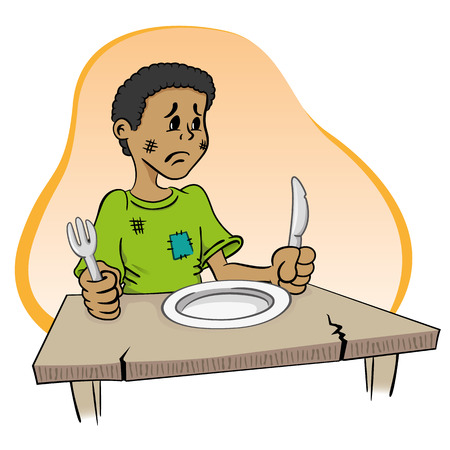 Illustration representing a child sitting without food on the tableのイラスト素材
