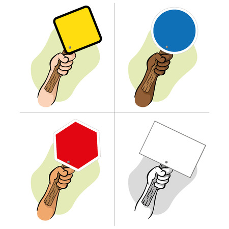Character hand holding a signpost. Ideal for informational and institutionalのイラスト素材