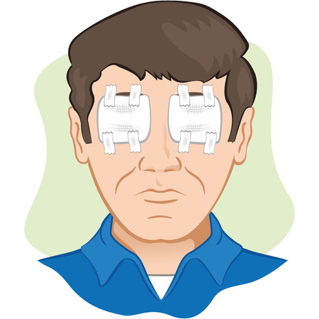 Gauze dressing with person in the eye irritated or injured, the front face. Ideal for training materials, catalogs and institutionalのイラスト素材