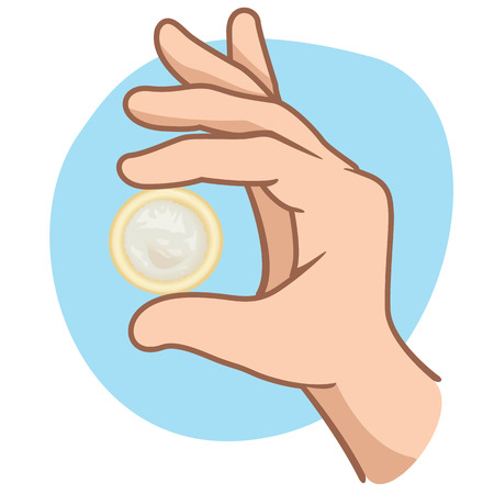 This is the close of a hand holding a condom ideal design for sexuality education campaignsのイラスト素材
