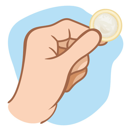 This is the close of a hand holding a condom ideal design for sexuality education campaignsのイラスト素材